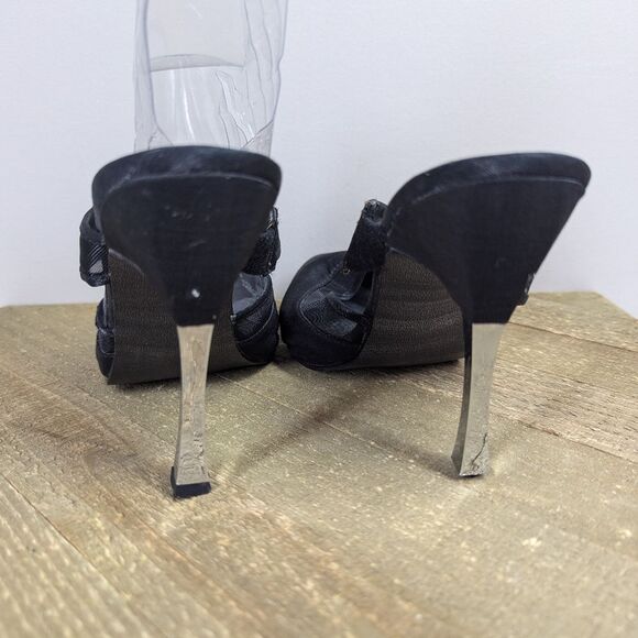 Vintage 90s BATA Black Mesh Strap Heels Size 8 Mule Slip On Pointed Toe - Picture 8 of 11